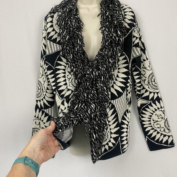 Chicos Cardigan Sweater Size 2 Large Wool Silk Blend Fringe Boho Artsy Chunky - Picture 3 of 11